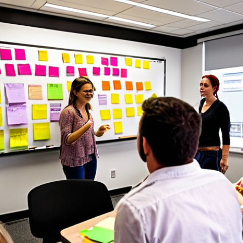 Home 4 **A vibrant workshop space with participants actively engaged in a collaborative brainstorming session, using colorful sticky notes on a large whiteboard. Focus on capturing the energy and interaction.** (Prompt emphasizes a dynamic learning environment)