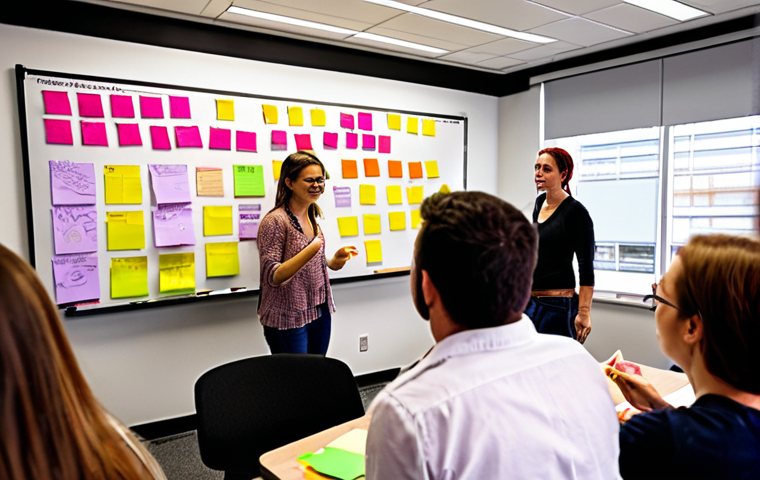 **A vibrant workshop space with participants actively engaged in a collaborative brainstorming session, using colorful sticky notes on a large whiteboard. Focus on capturing the energy and interaction.** (Prompt emphasizes a dynamic learning environment)