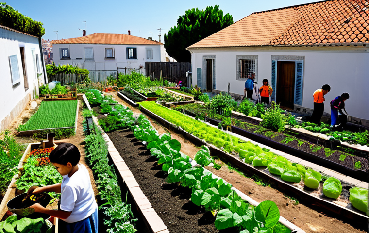 Urban Garden Oasis**

"A thriving urban community garden in a vibrant Portuguese neighborhood, filled with families tending to vegetables and herbs, fully clothed, modest attire, appropriate content, safe for work, abundant sunlight, perfect anatomy, well-formed hands, professional photography, showcasing community engagement and sustainable living, family-friendly."

**