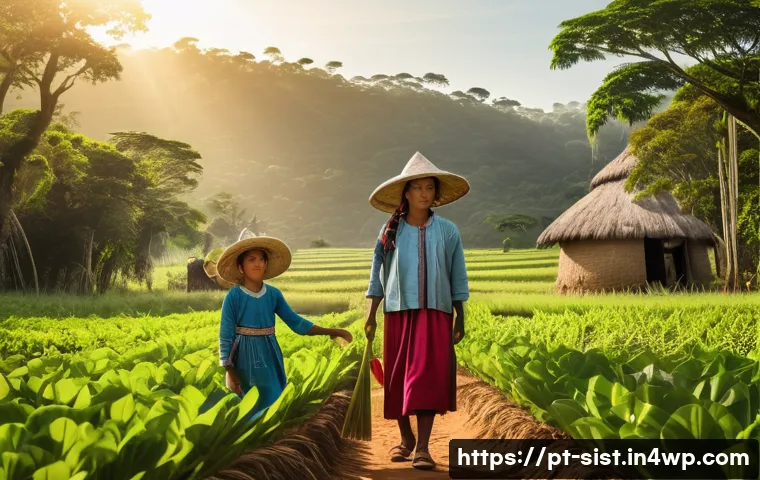 지속가능한 성취와 문화적 다양성 - A vibrant rural Brazilian scene showcasing a family practicing sustainable agriculture inspired by i...