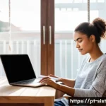 지속가능한 성취와 정신 건강 - A serene home office scene in Brazil with natural sunlight flooding a clean, organized workspace fea...